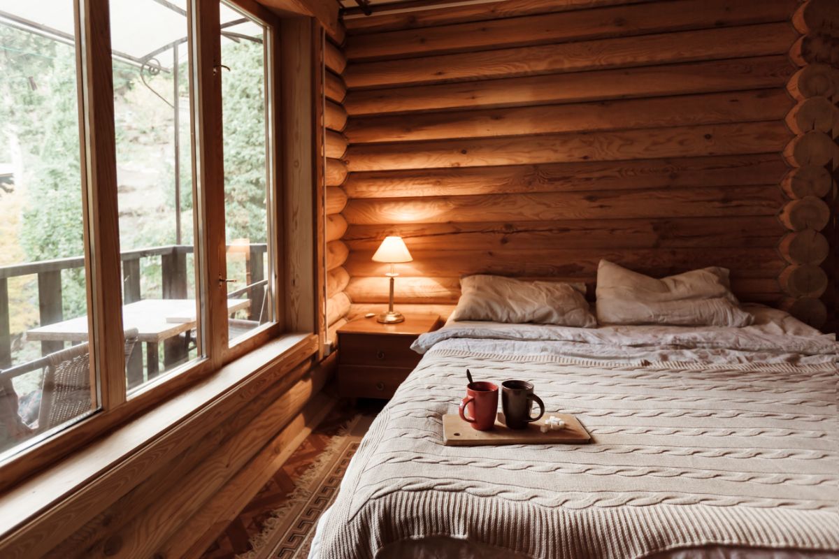 Glass Cabin Window of log bedroom