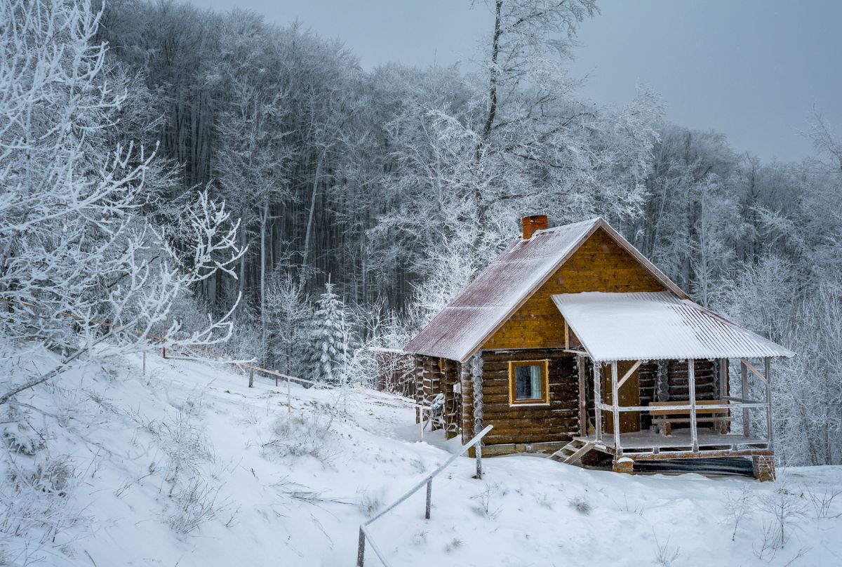 Log Cabin in forest covered with snow