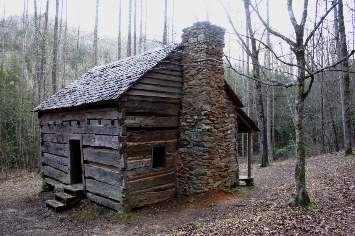 Old Log Cabin with stone wall in woods