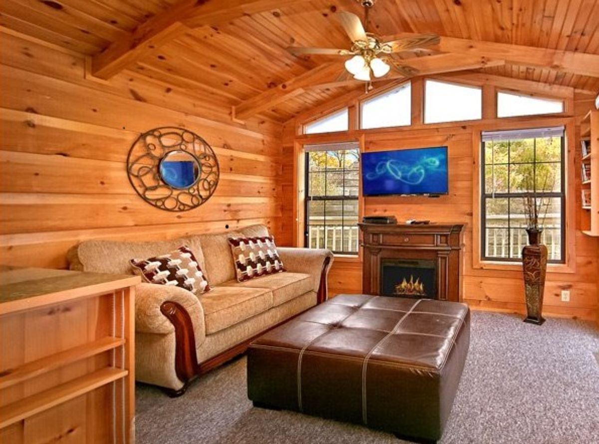 electric cabin fireplace in living room