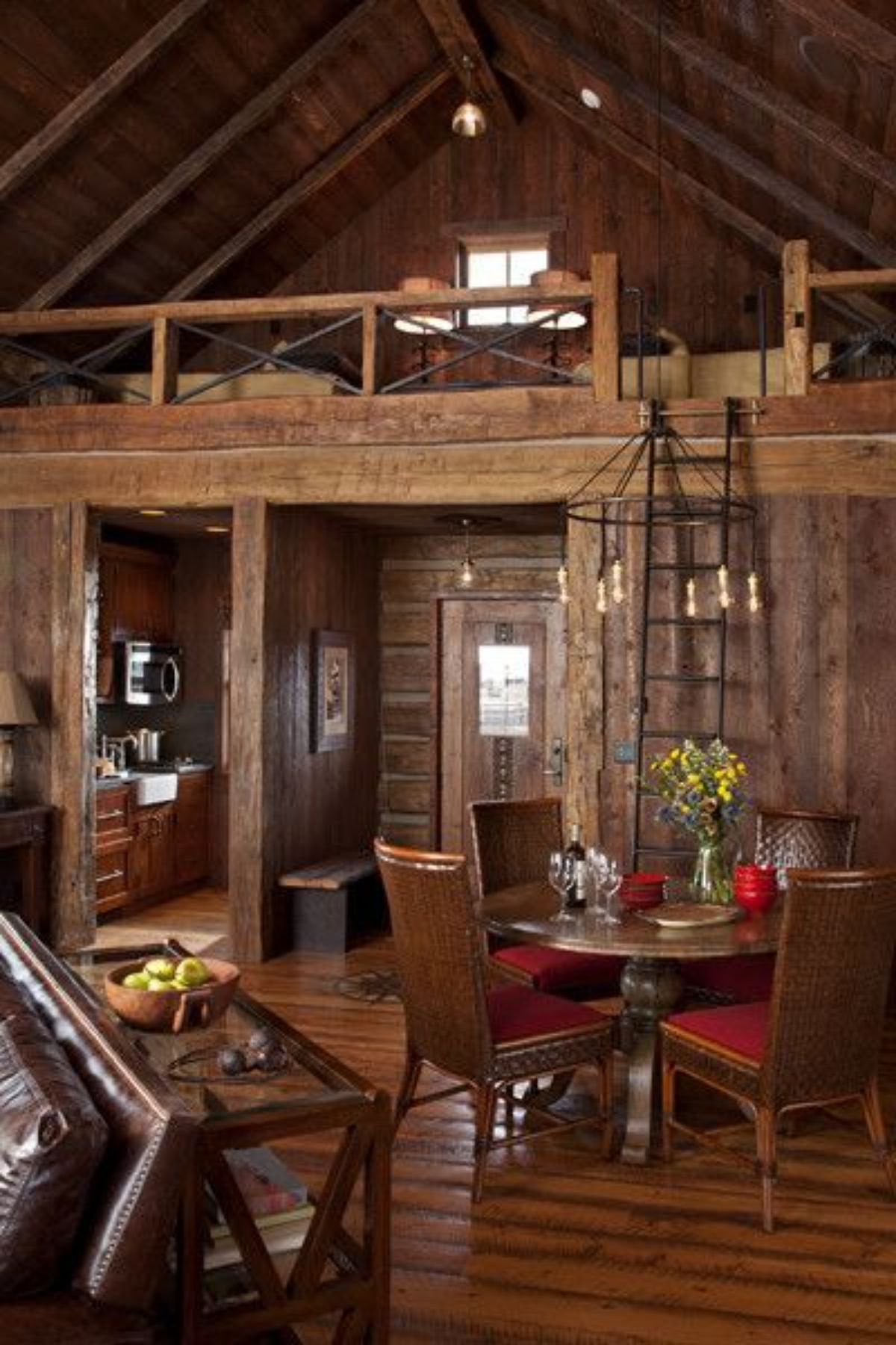 Log room with metal ladder