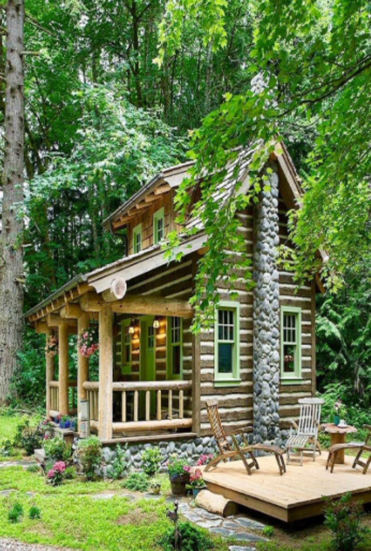 classic woodie log cabin with stone wall