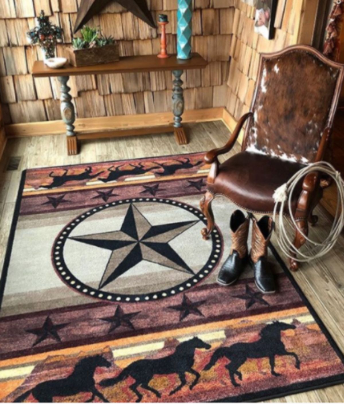cowboy styled rug in a log home
