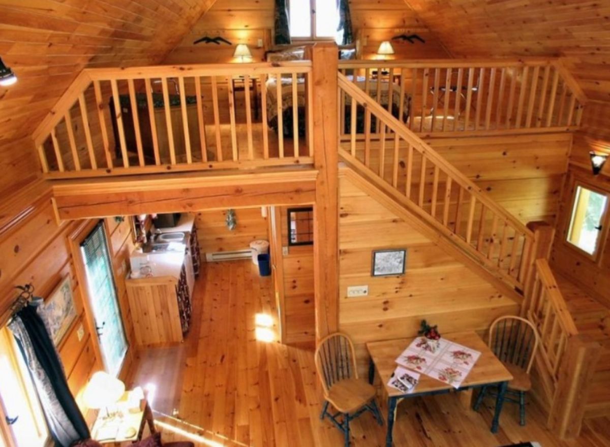 Log cabin with wooden stairs