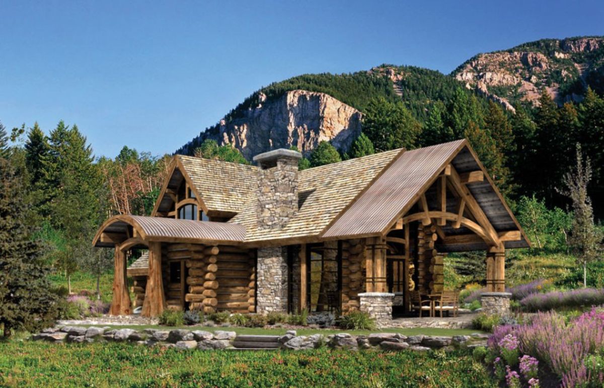 Log cabin in landscape