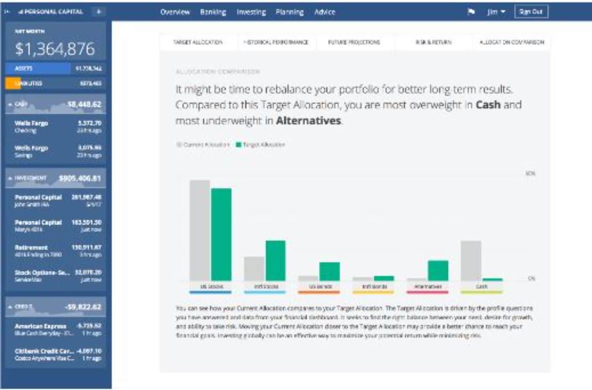 investment allocation screen in personal capital software