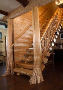 Log stairs with wooden railings