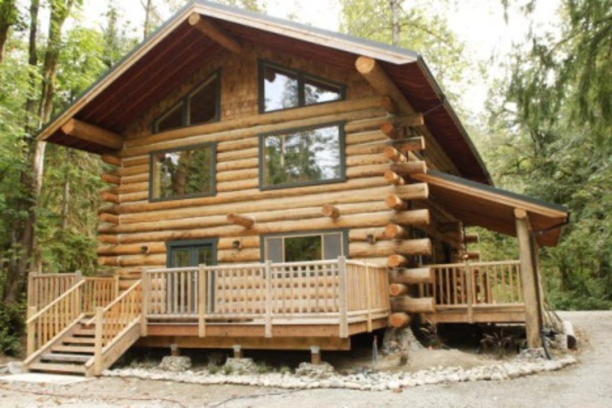 rustic log cabin with stairs