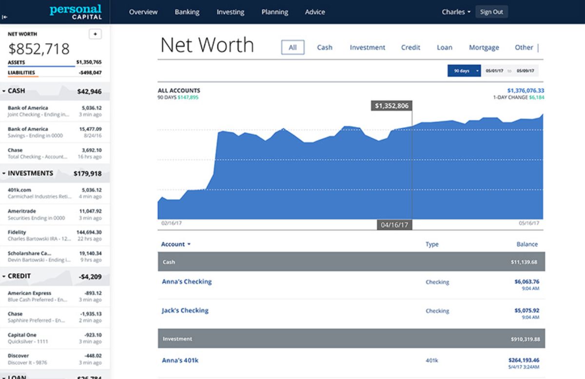 Net worth screen in personal capital software