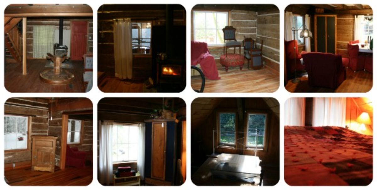 Log cabin bedroom and living room interior