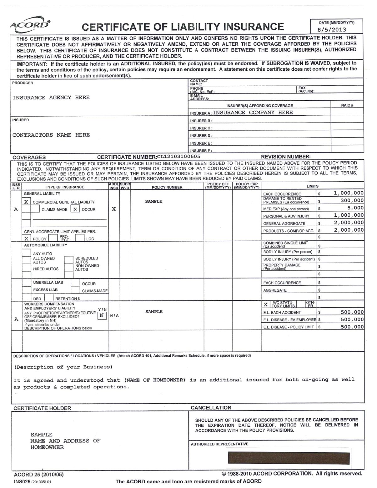 sample certificate of insurance