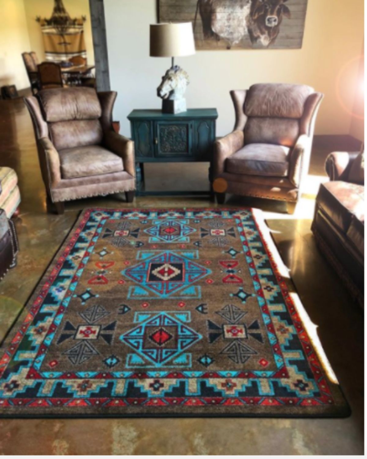 log home with a beautiful rug
