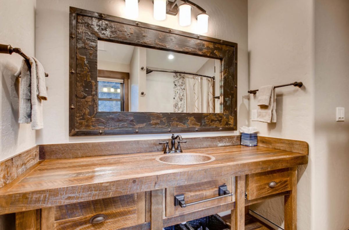 Log cabin mirror and counter top
