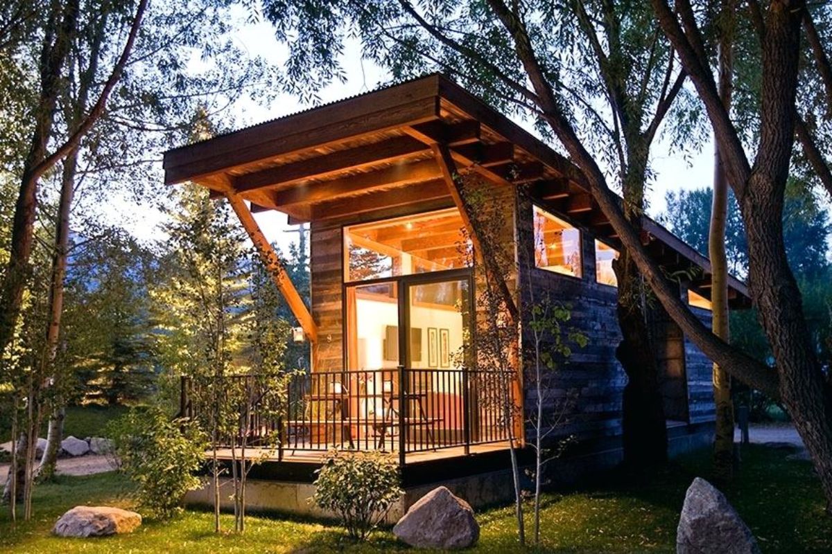 Beautiful tiny cabin in evening