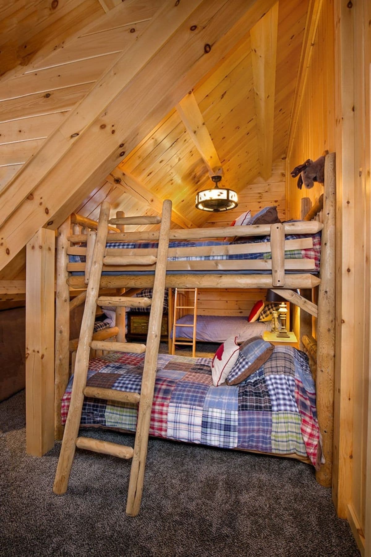 bunk beds in log cabin loft