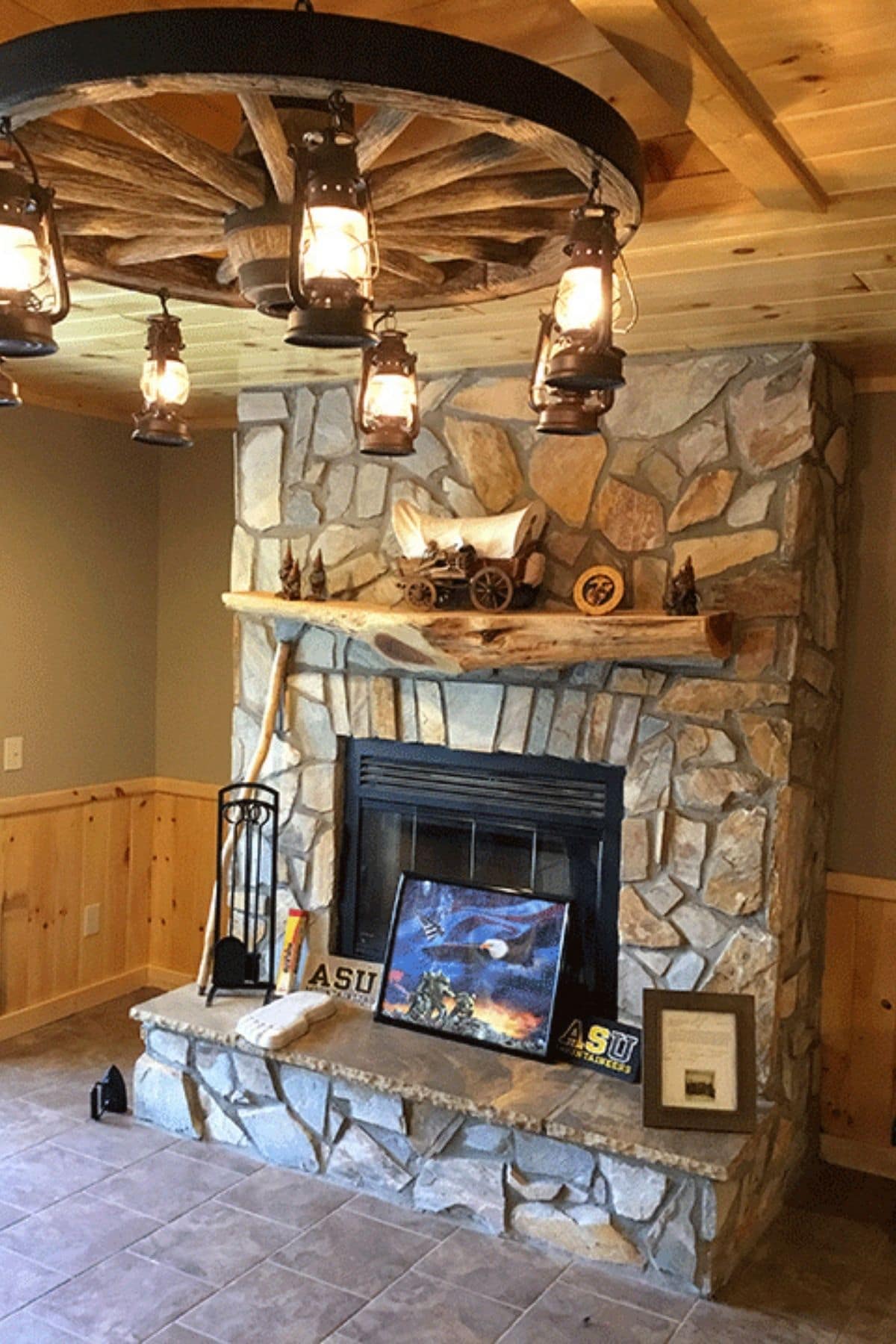 stone fireplace against wall