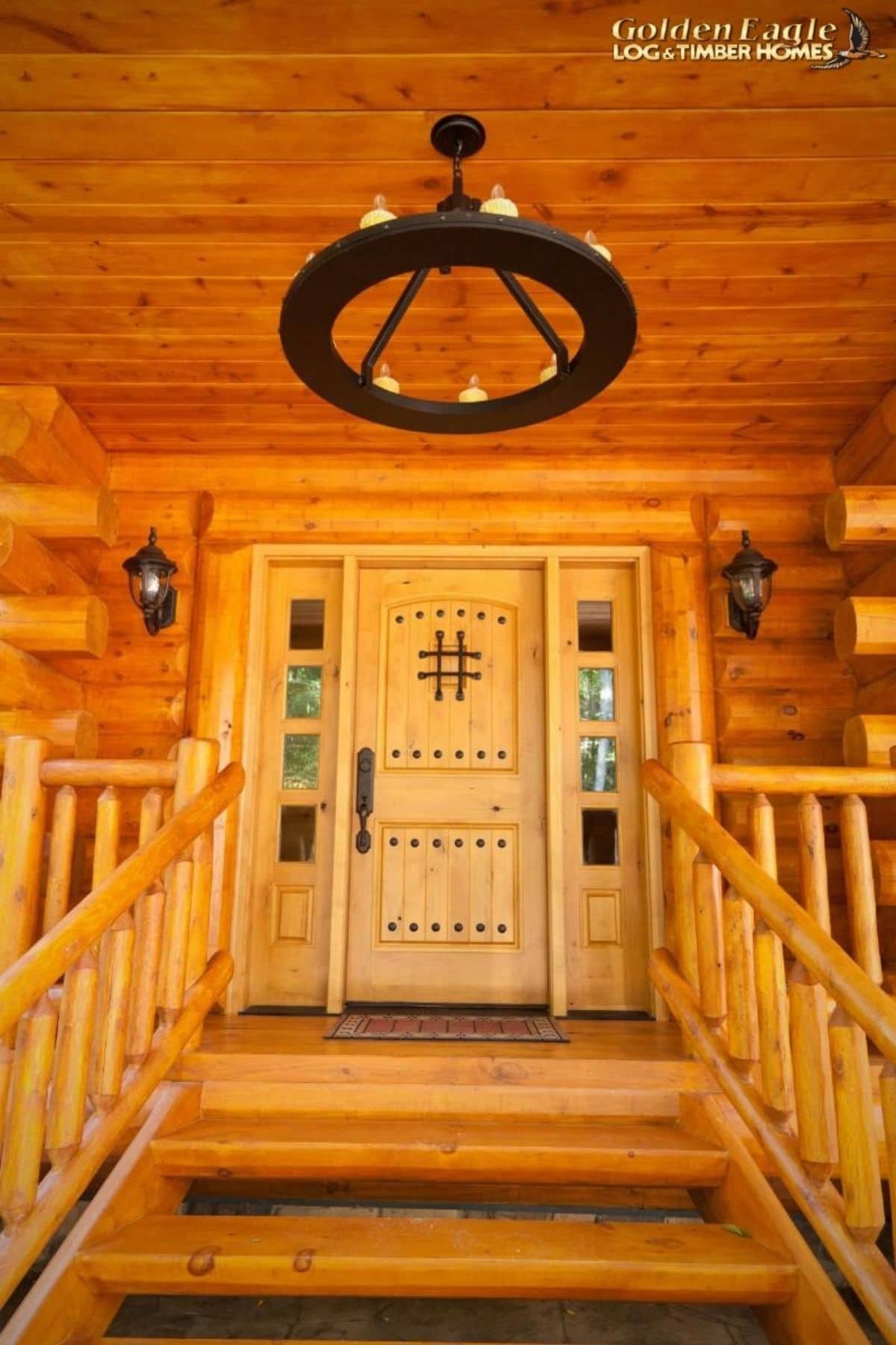 front porch steps with black light fixture