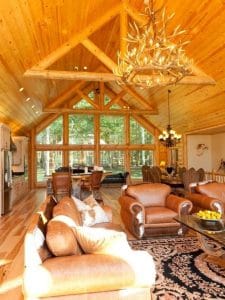 view into log cabin living room