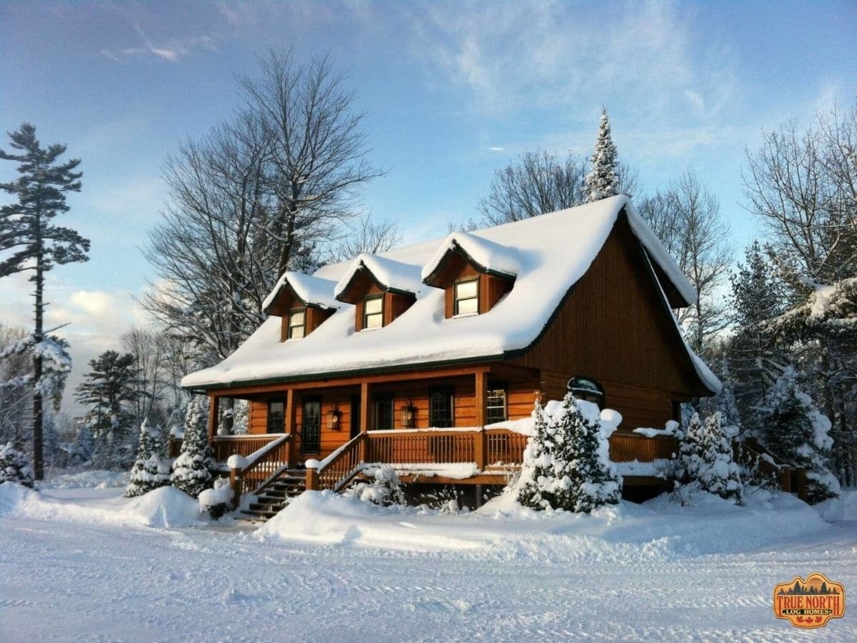 log cabin with porch in snowy setting