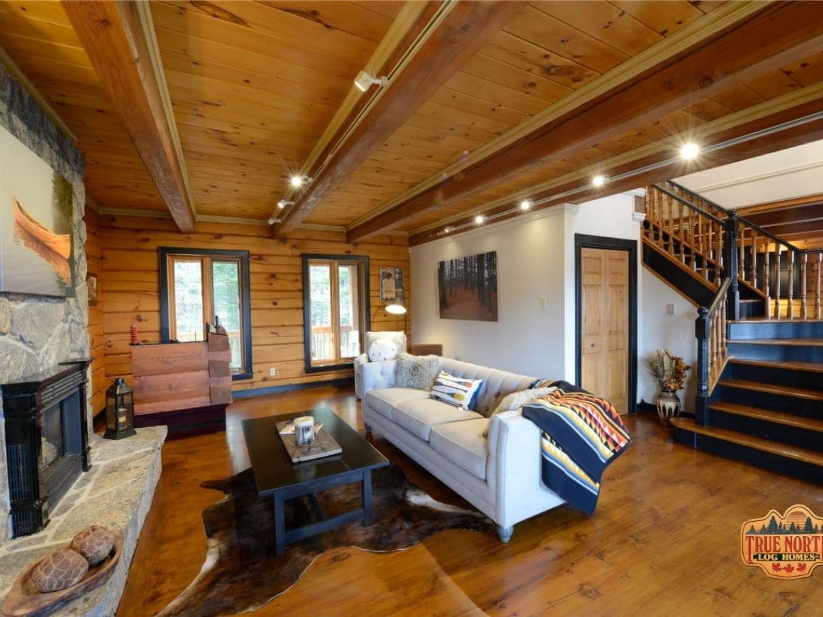 living room inside log cabin