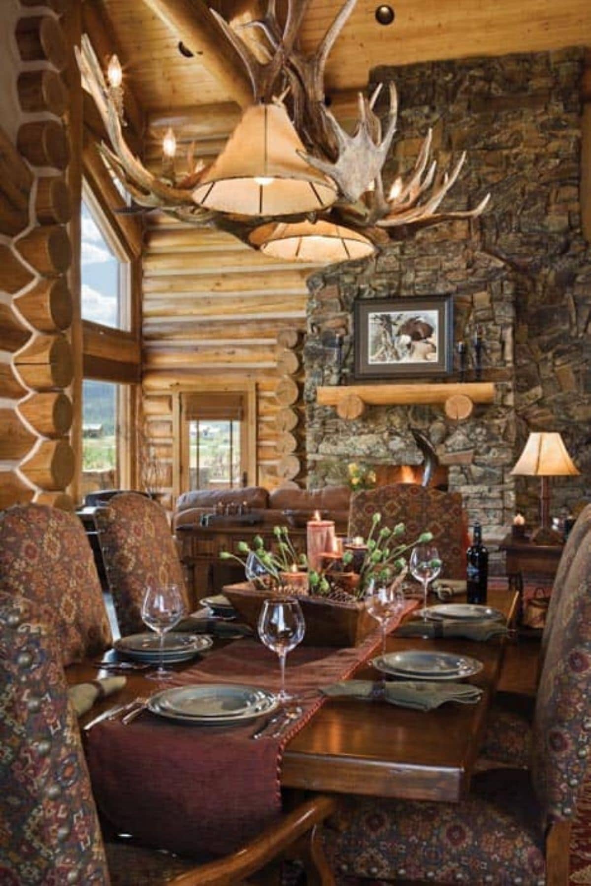 dining table with maroon table runner in front of fireplace