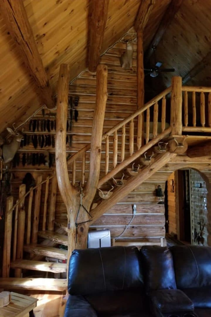 wood stairs to loft winding around tree stem