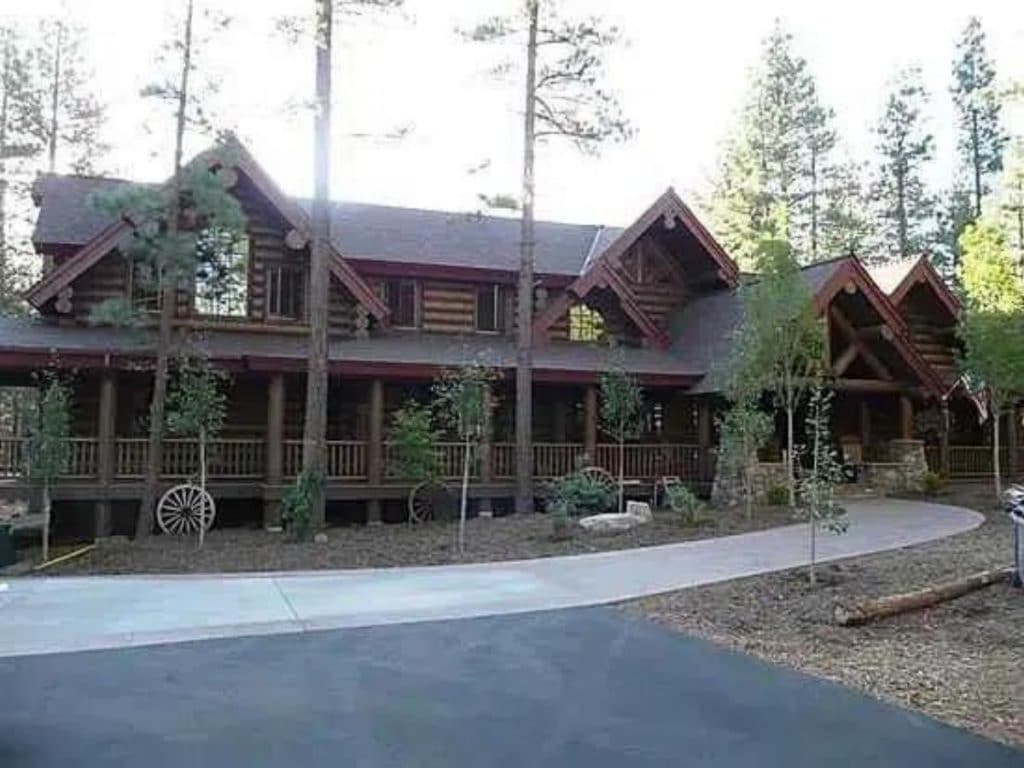 dark wood log cabin with driveway in front