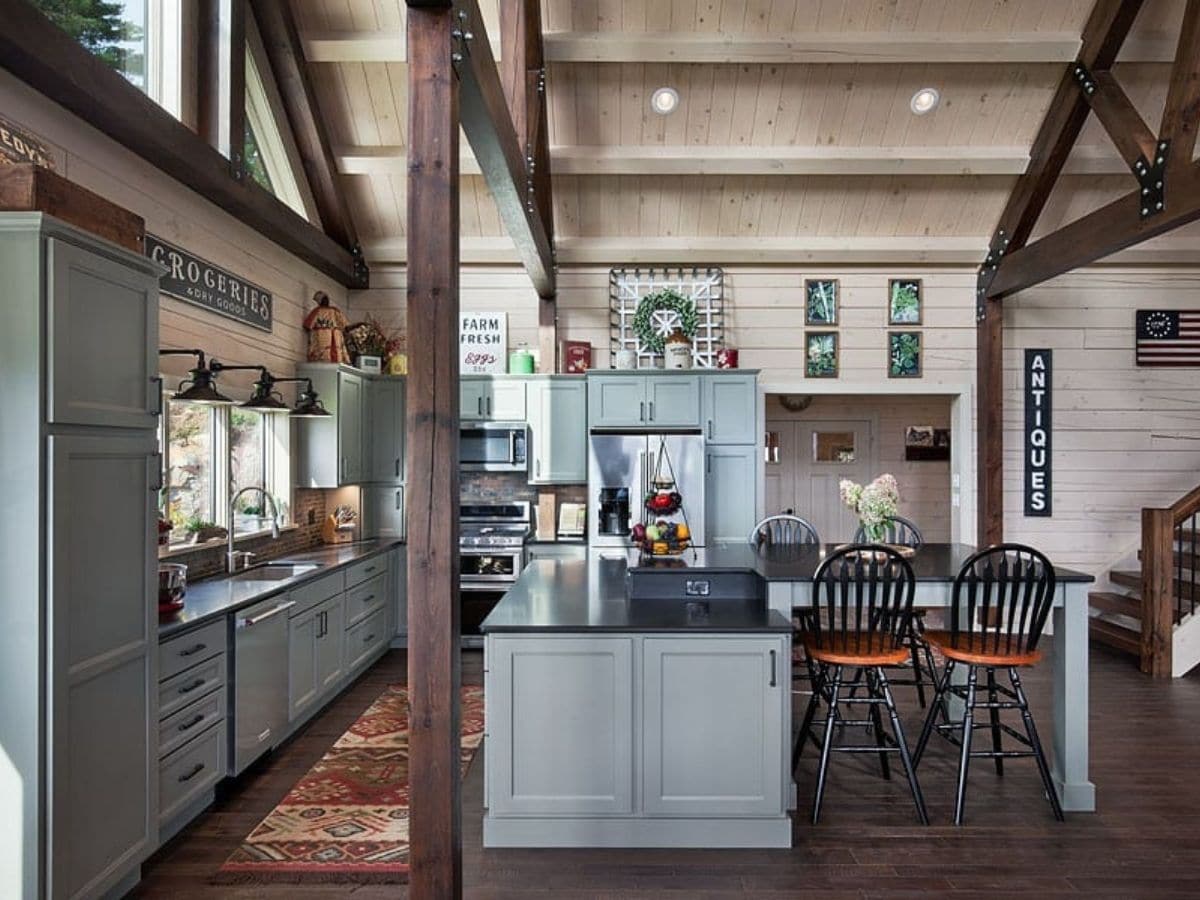 light gray cabinets with dark countertops and black stools on side of island