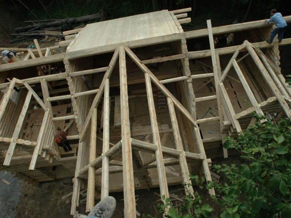 view above log cabin while being built