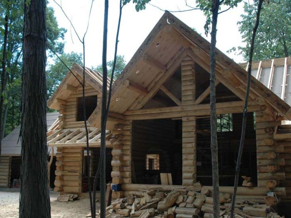 unfinished log cabin with frame behind trees