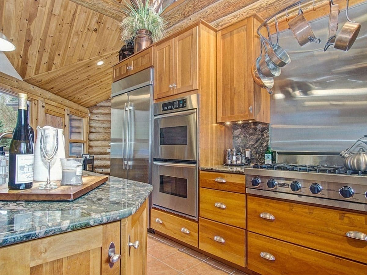 modern kitchen with stainless steel appliances in log home