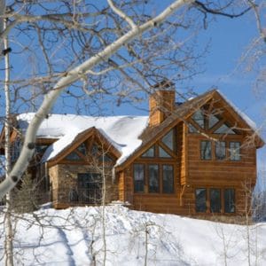 Log cabin against snow background