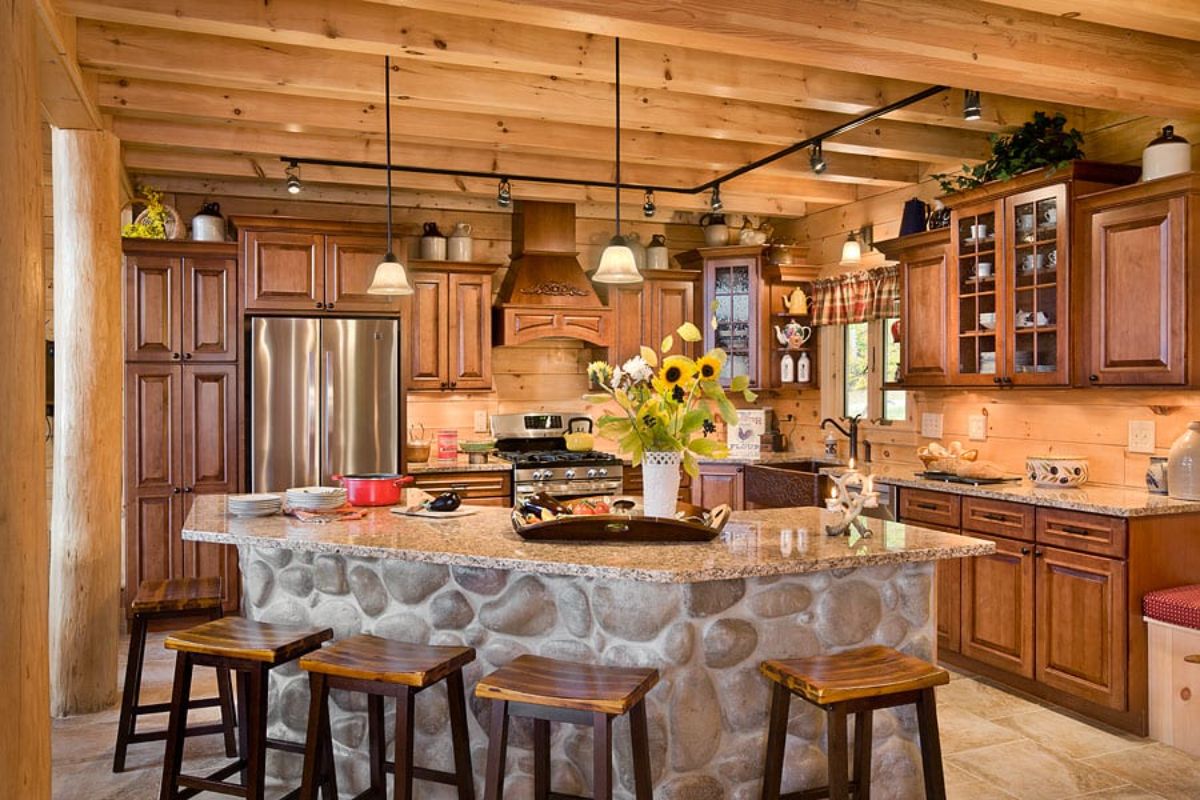 stone island in kitchen with wood stools with black bases