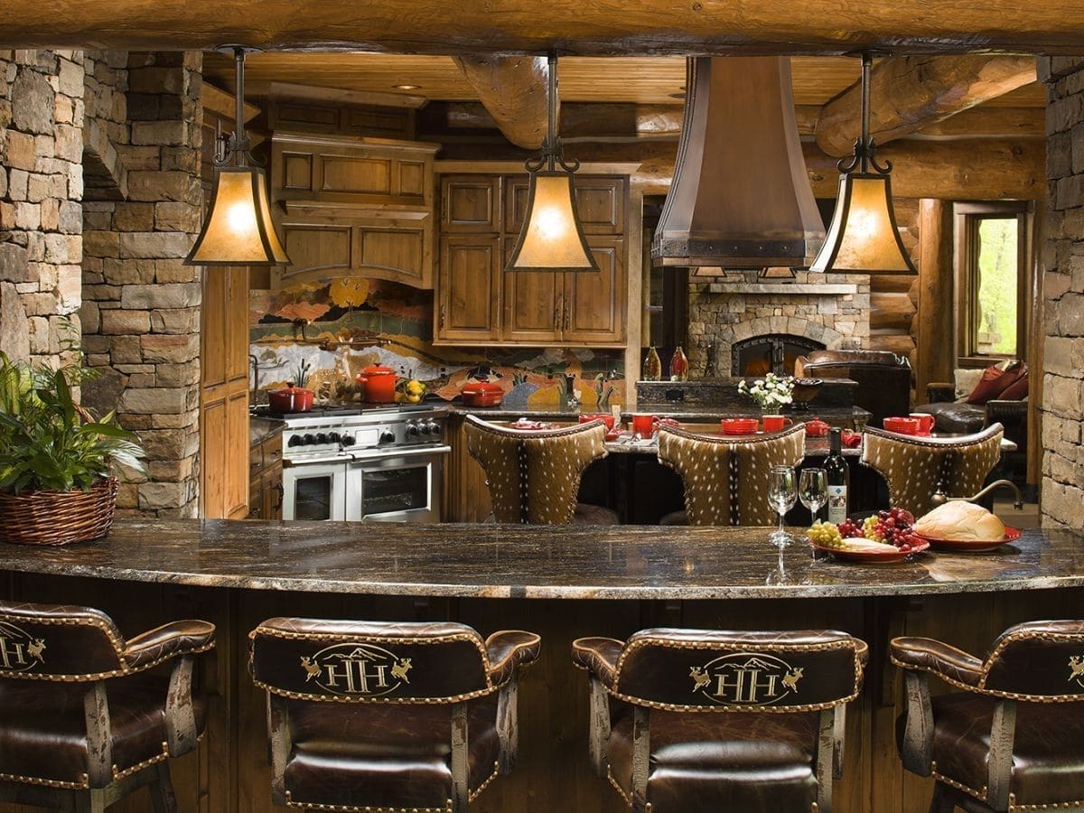 dark wood bar with stove in background