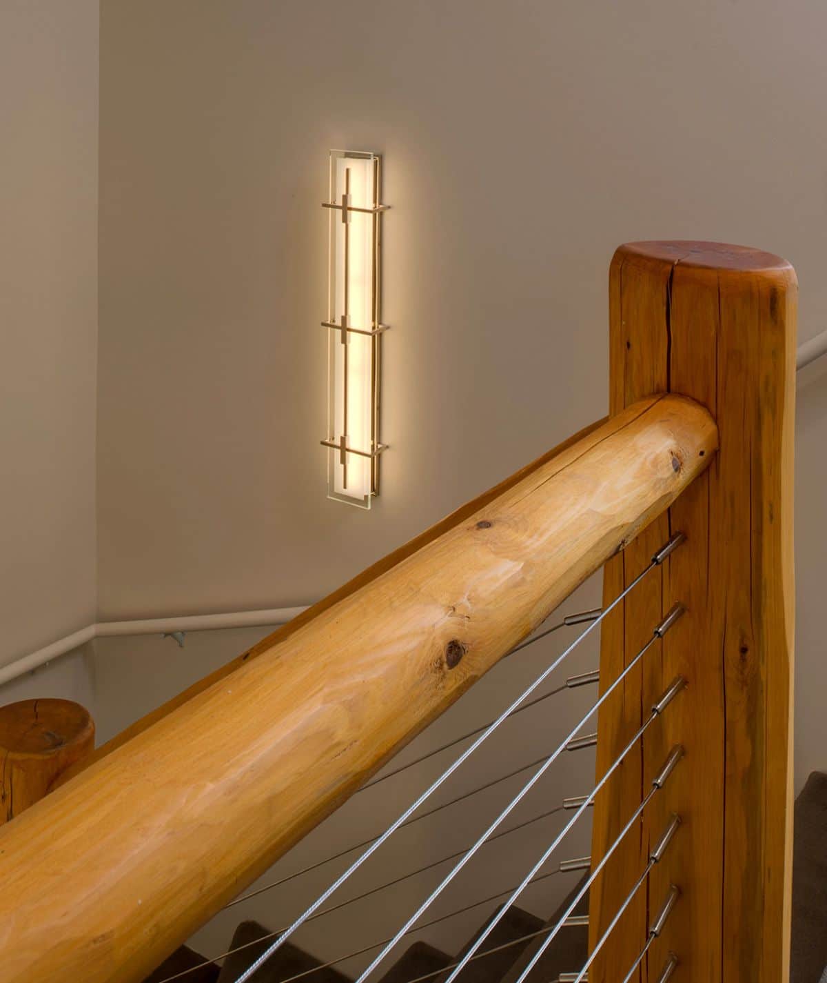log banister with wire railing