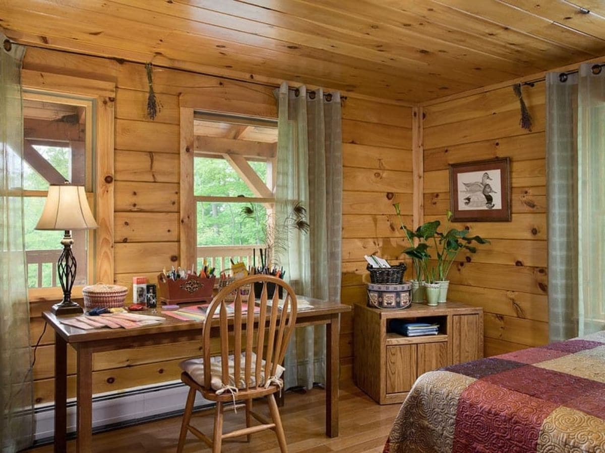 bedroom with desk against wall by windows