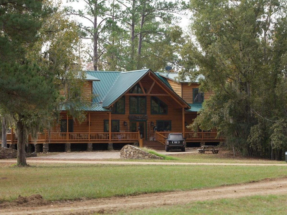 log cabin with green roof behind treeline
