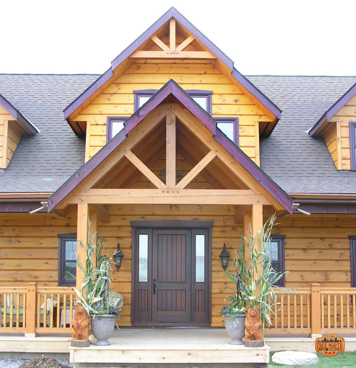 front door of log cabin with small awning over door