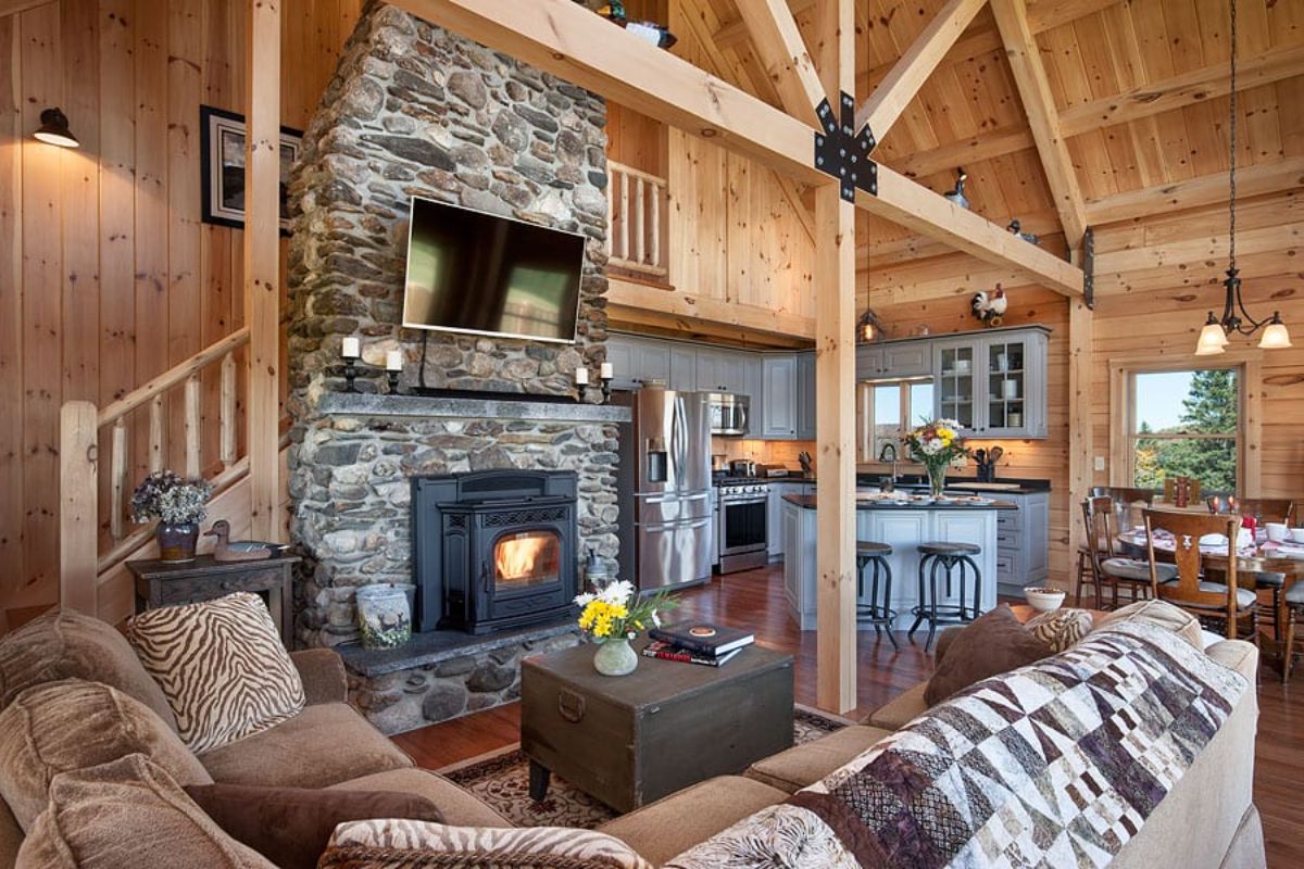 stone fireplace against log cabin living room wall with sofas around it and kitchen in right background