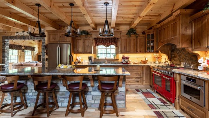 The Boston Mill Log Cabin Has a Stunning Modern Kitchen