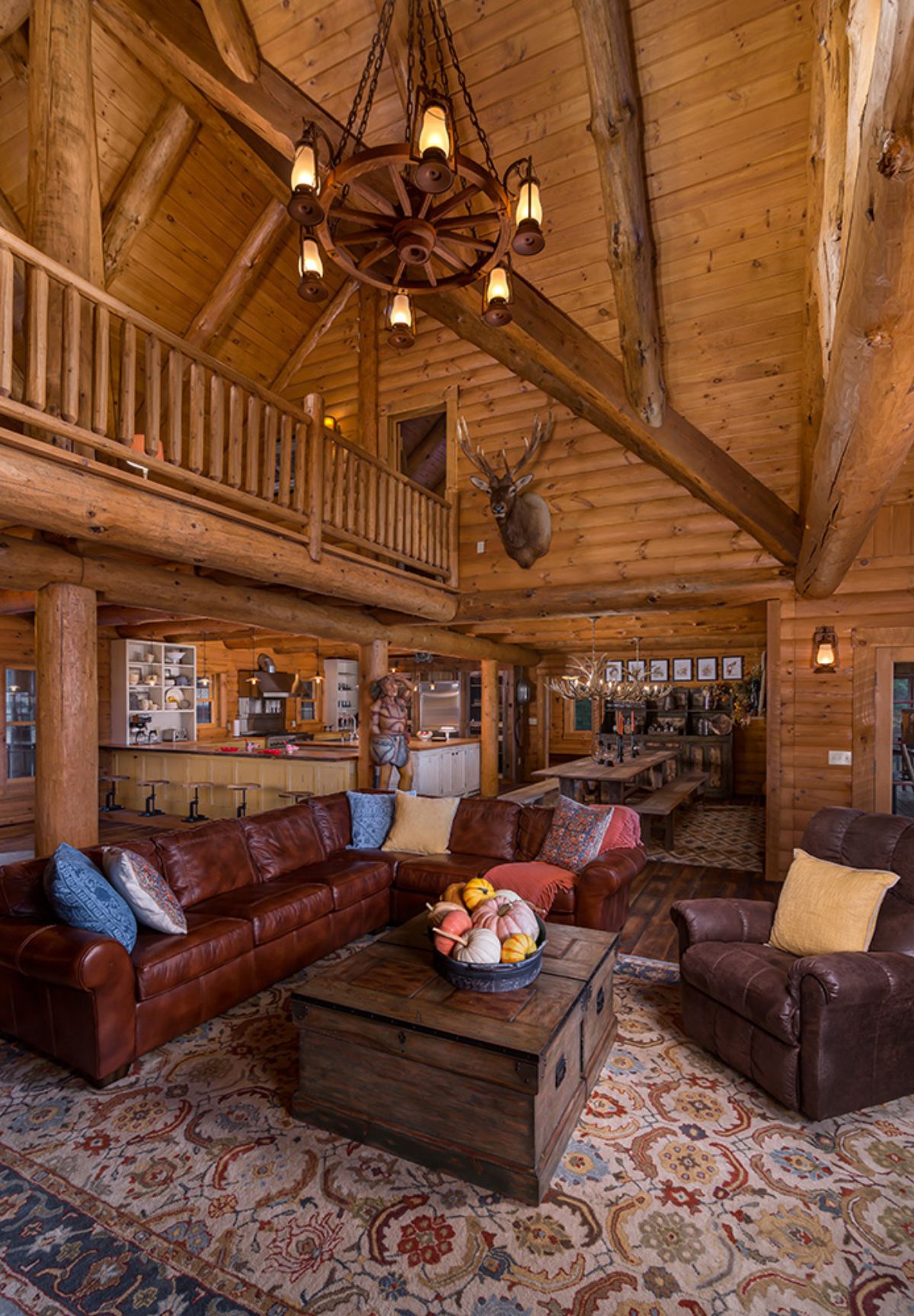 brown leather sofa with wood coffee table under log cabin rafters