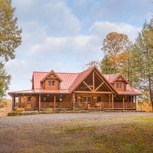 frnt of log cabin with covered porch