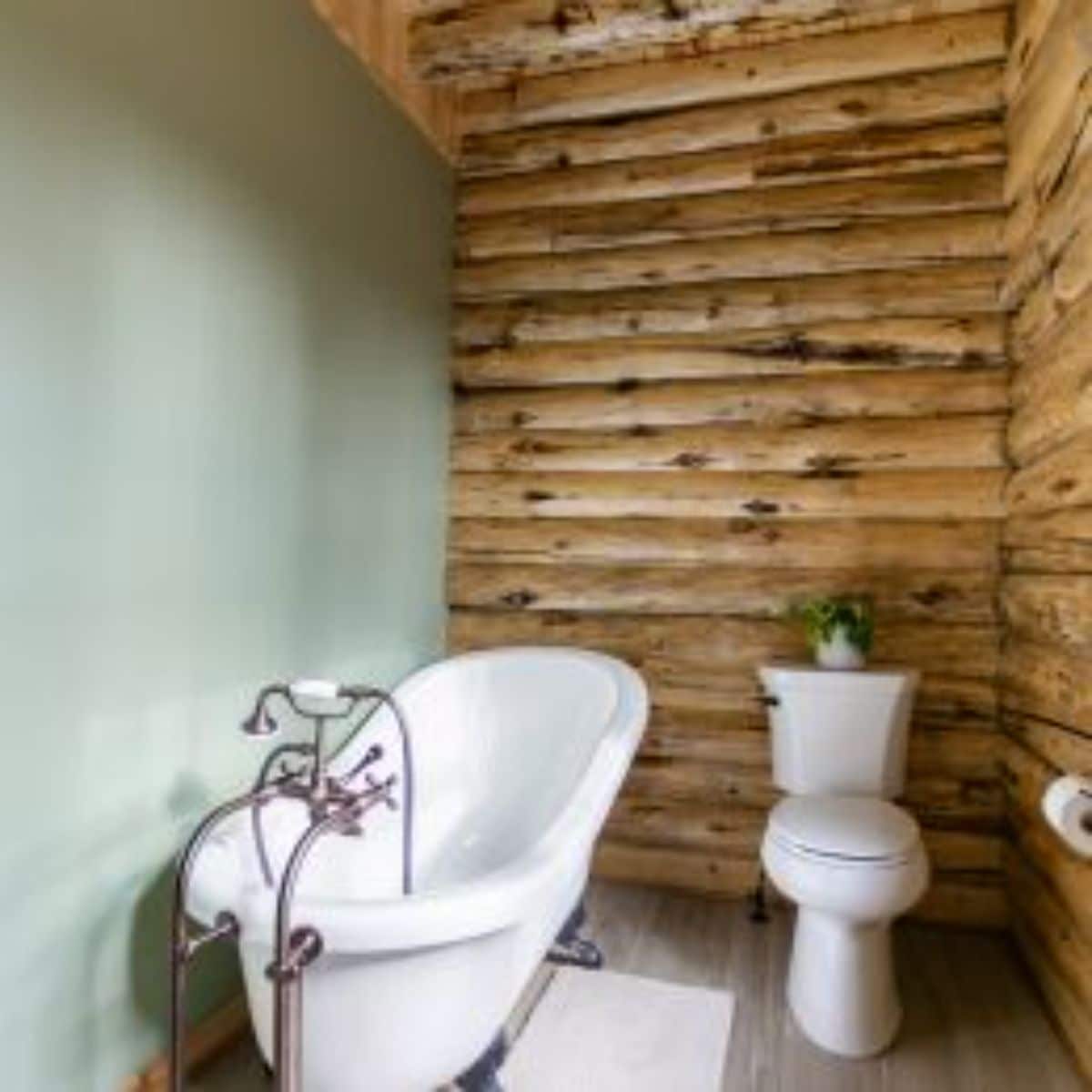 white clawfoot bathtub next to green wall and white toilet