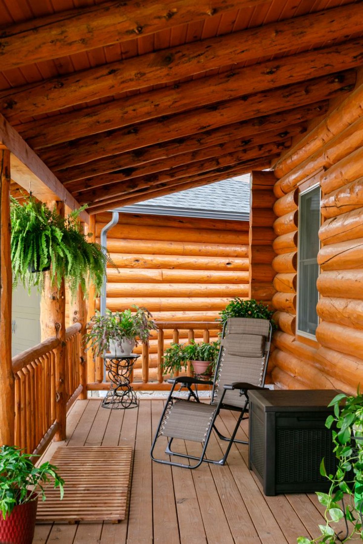 front porch on log cabin with fren hanging over railing