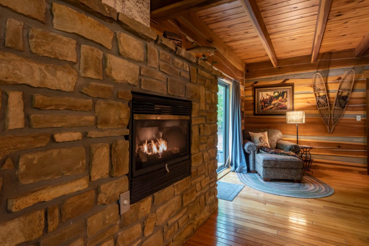electric fireplace in stone wall