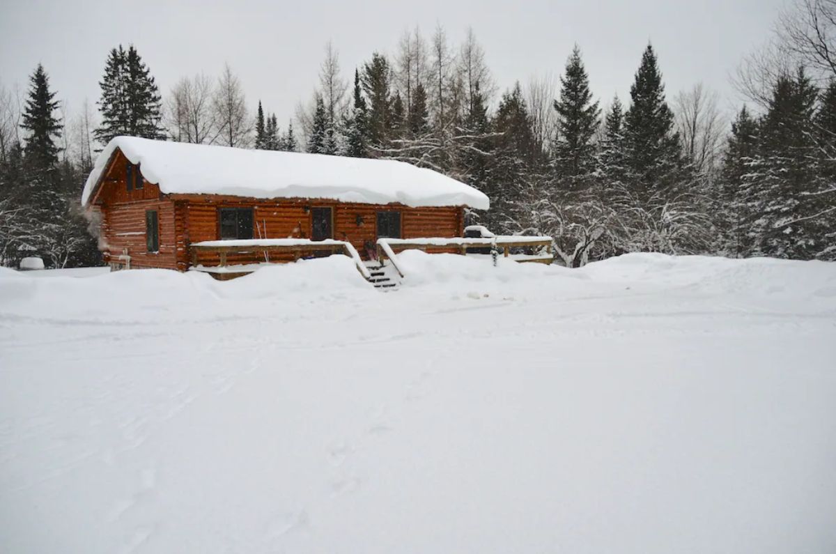 log cabin with trees behind it and snow on roof and in yard