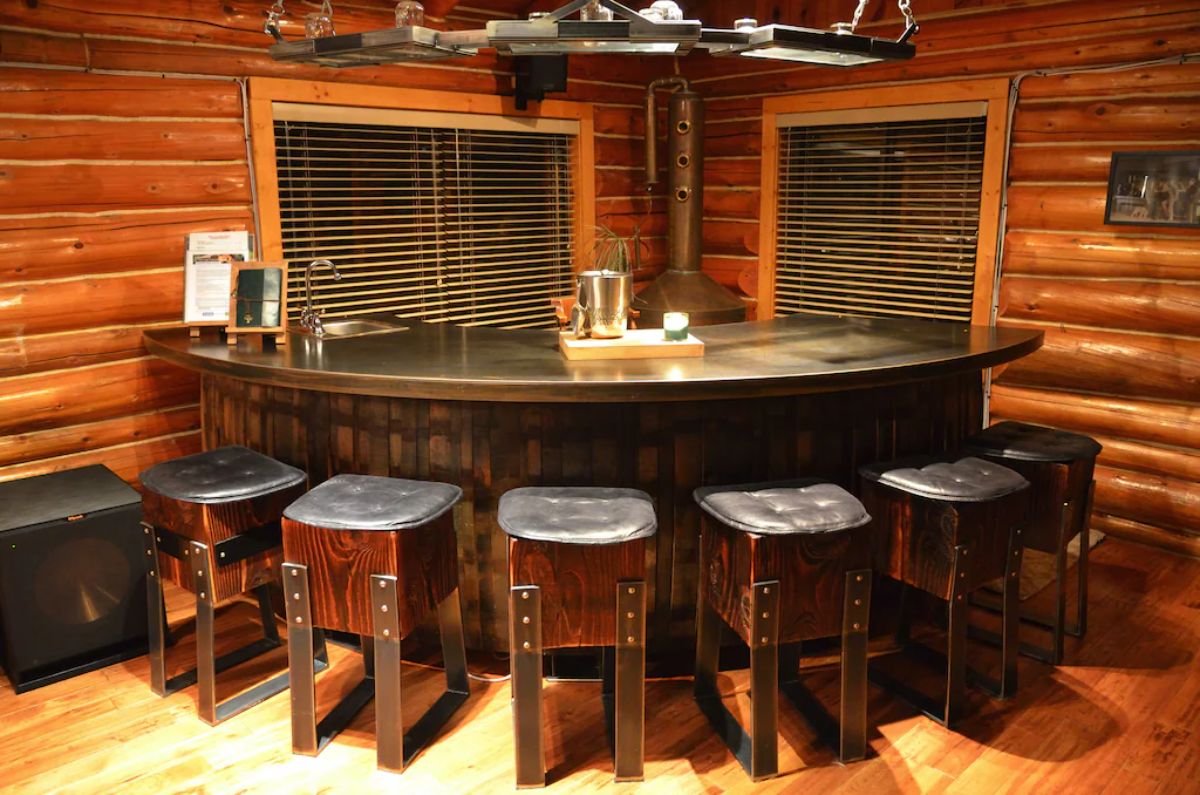 corner bar with leather stools around outside
