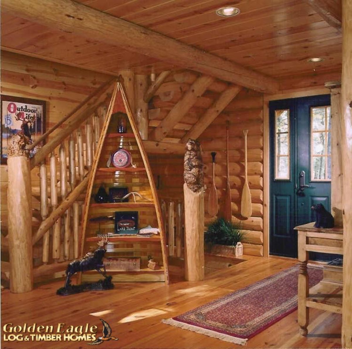 log cabin entry with half boat bookshelf on wall