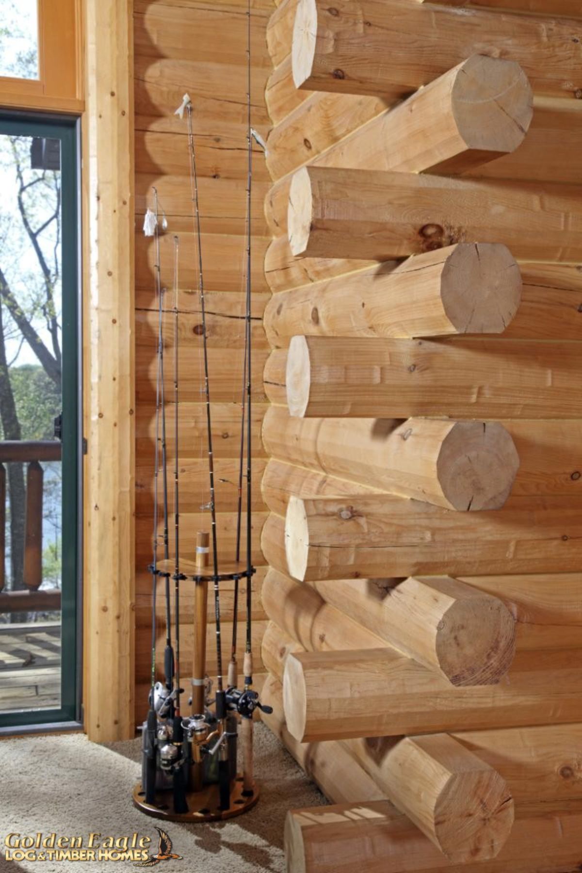 d-link corners in log cabin with fishing pole