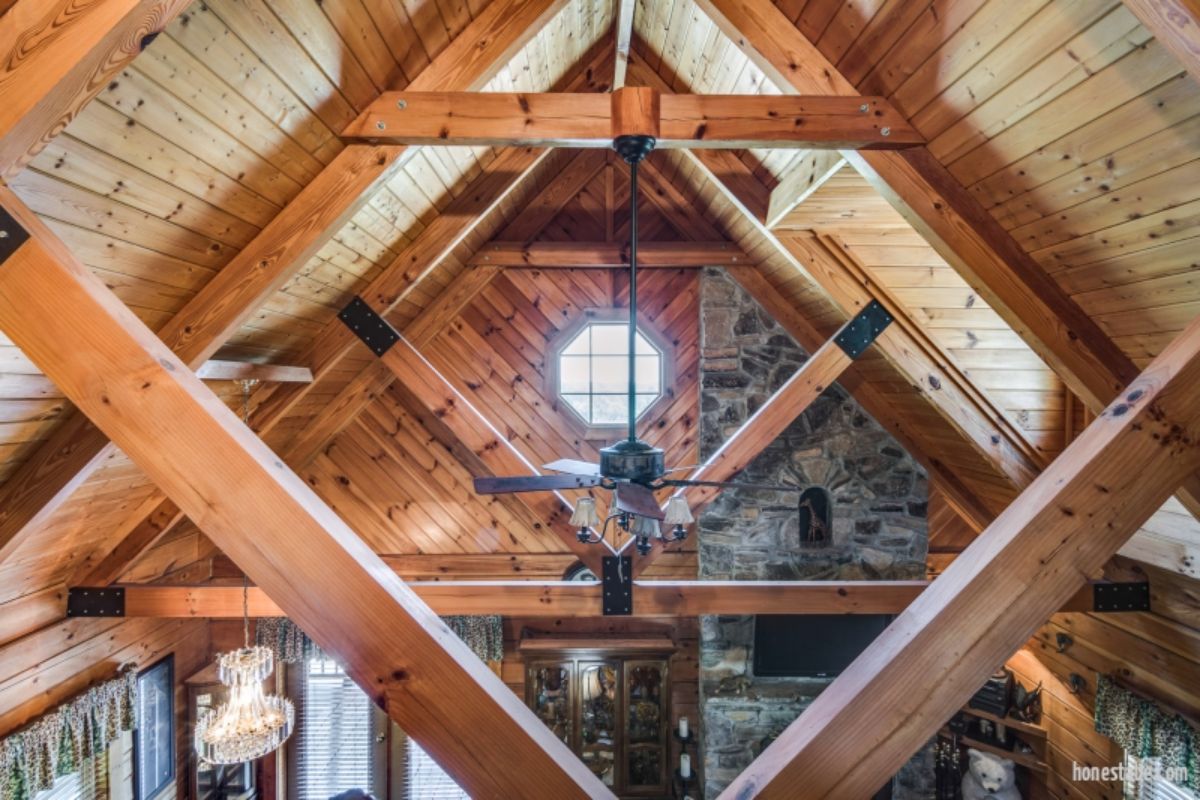 cross beams above living room in log cabin